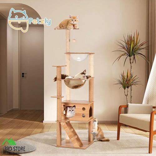 Petzly Wooden Cat Tree Tower Scratching Post Scratcher Condo House Bed 150cm