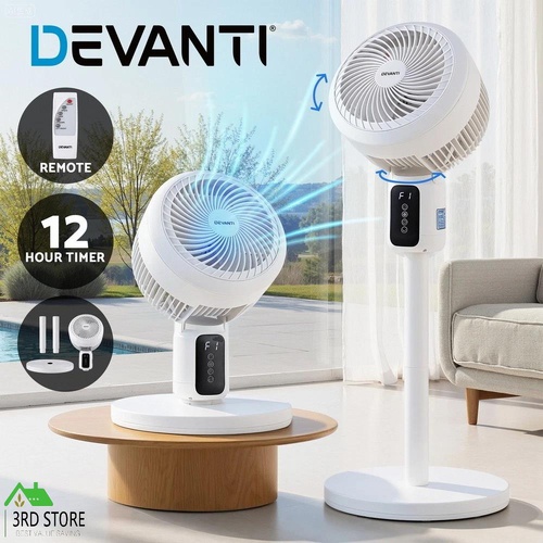 Devanti Pedestal Fan W/ Remote 3 Speed 12H Timer Height Adjustable Cooling Fan