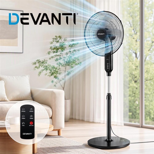 DEVANTI 16" Pedestal Fan with Remote 3 Speeds 8H Timer, Black
