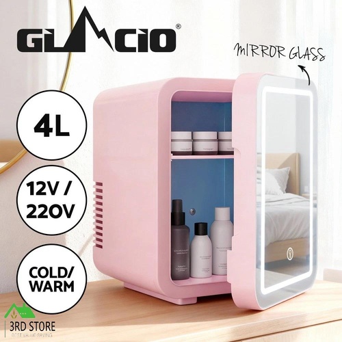 Glacio Mini Fridge Skincare Beauty Cooler Warmer LED Mirror 12V 220V Pink 4L