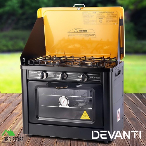 Devanti Portable Gas Oven Camping Stove 3 Burner LPG Gas Cooktop Picnic Outdoor