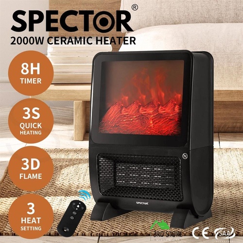 Spector Electric Heater Fireplace Portable 3D Flame Remote Overheat Home 2000W
