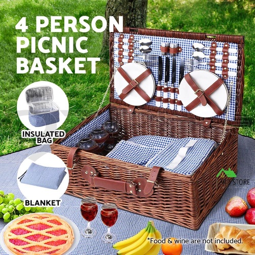 Alfresco Picnic Basket 4 Person Baskets Handle Outdoor Insulated Blanket