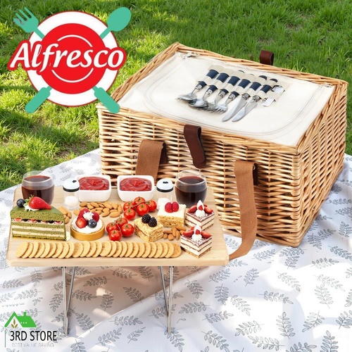 Alfresco 2 Person Picnic Basket Set with Table Blanket Cooler Wooden Insulated