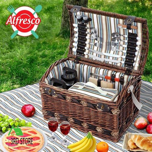 Alfresco Picnic Basket 4 Person Wicker Baskets Outdoor Insulated Gift Blanket