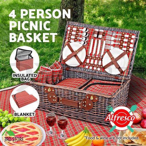 Alfresco 4 Person Picnic Basket Baskets Handle Outdoor Corporate Blanket Park