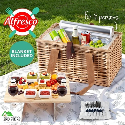 Alfresco 4 Person Picnic Basket Set with Table Blanket Cooler Wooden Insulated