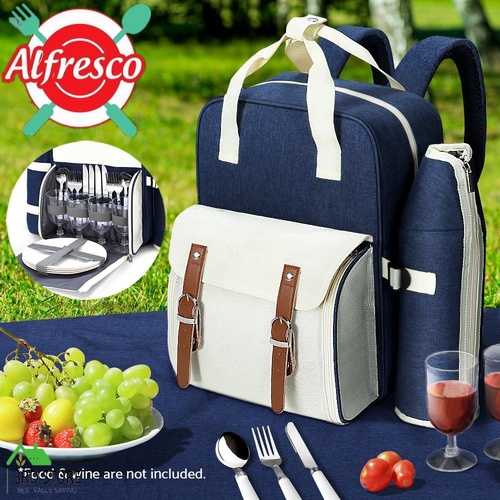 Alfresco Picnic Basket Backpack Set Cooler Bag 4 Person Outdoor Liquor Blue