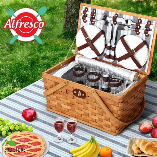 Alfresco Picnic Basket Set Wooden Cooler Bag 4 Person Outdoor Insulated Liquor