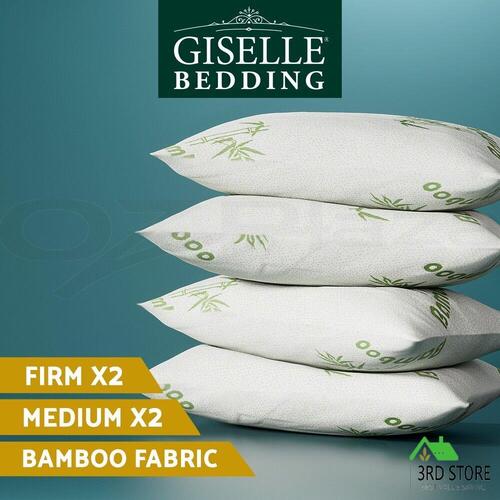 Giselle Hotel Pillow Bed Pillows 4 Pack Family Soft Medium Firm Bamboo Cover
