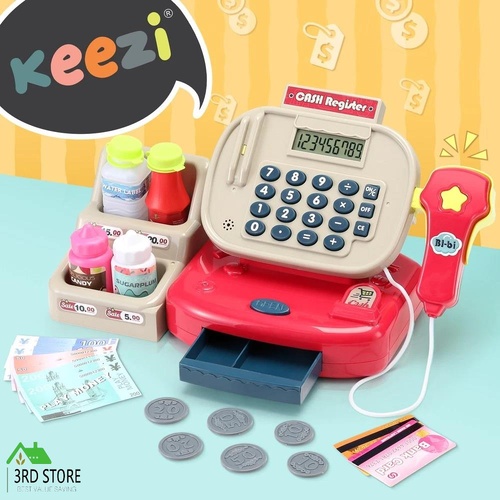 Keezi Kids Cash Register Calculator Pretend Play Shops Money Checkout Toys Set