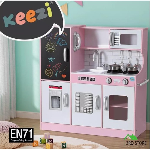 Keezi Kids Wooden Pretend Kitchen Play Set Cooking Toys Pot Ice Cup Oven Blackboard 80CM Pink