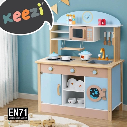 Keezi Kids Wooden Pretend Kitchen Play Sets Cooking Toys Pot Pan Bowls Oven Dishwasher 80CM Blue