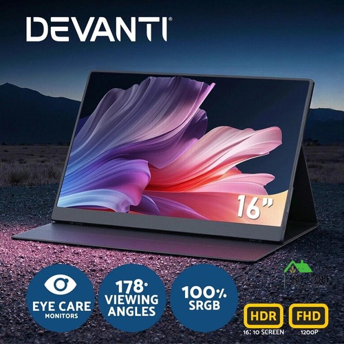 Devanti Portable Monitor Laptop Extender USB C Travel Display 16 Inch Black