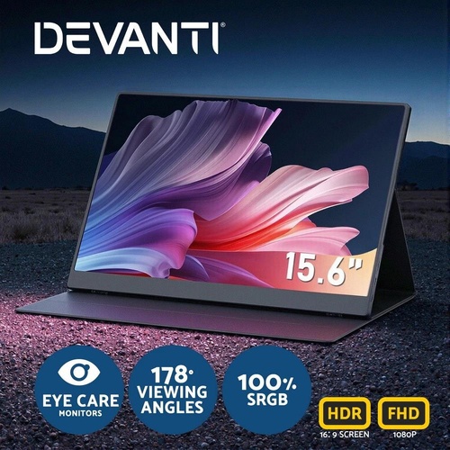 Devanti 15.6 Inch Portable Monitor FHD 1080P IPS USB-C HDMI Gaming Laptop Screen