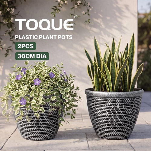 Toque Plastic Plant Pots 30cm Outdoor Garden Planter 2 Pcs With Drainage Holes