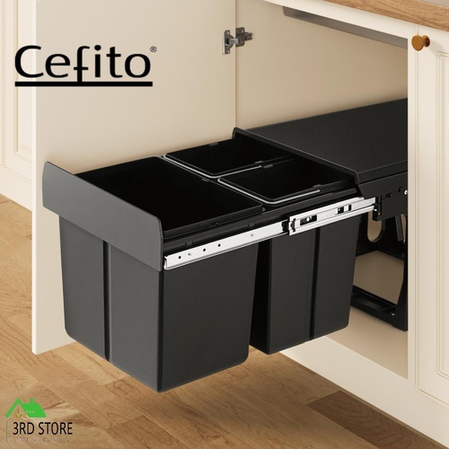 Cefito Pull Out Bin Kitchen Triple Slide Garbage Rubbish Bins Basket Blcak 31L