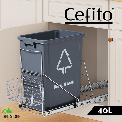 Cefito Pull Out Bin Kitchen Cabinet Slide Garbage Rubbish Bins Basket 40L Grey