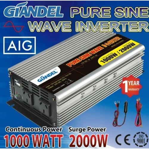 Giandel Power Inverter 12V-240V 1000W/2000W Pure Sine Wave USB Caravan Camping