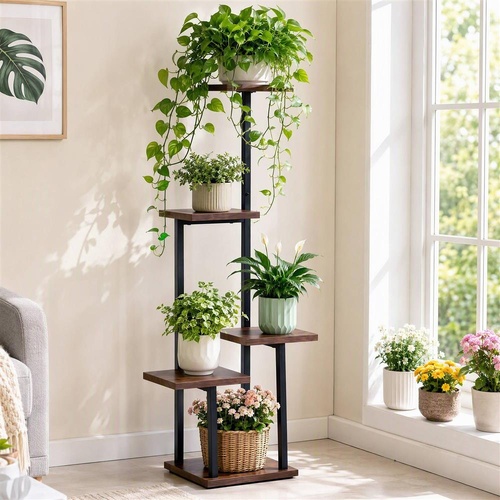 Artiss 5-Tier Plant Stand Indoor Outdoor, Metal & Wood Pot Plant Shelf, Tall Display Rack for Multiple Plants, Tiered Flower Holder for Patio Garden B