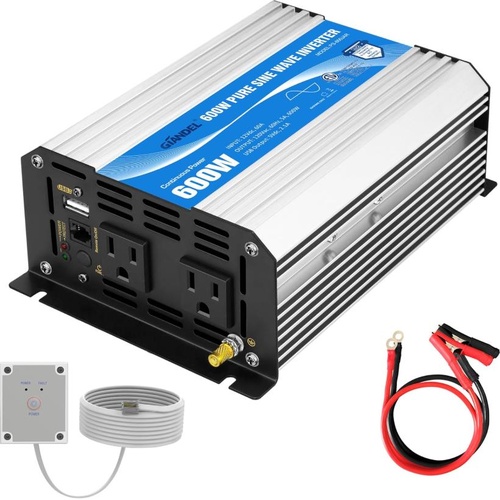 GIANDEL Power Inverter Pure Sine Wave 600Watt 12V DC to 120V AC with Remote Cont
