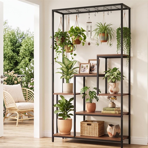 Artiss Tall Plant Stand Indoor, 6-Tier Pot Plant Shelf with Hanging Hooks, Metal & Wooden Flower Holder, Large Tiered Display Rack for Patio Garden Ba