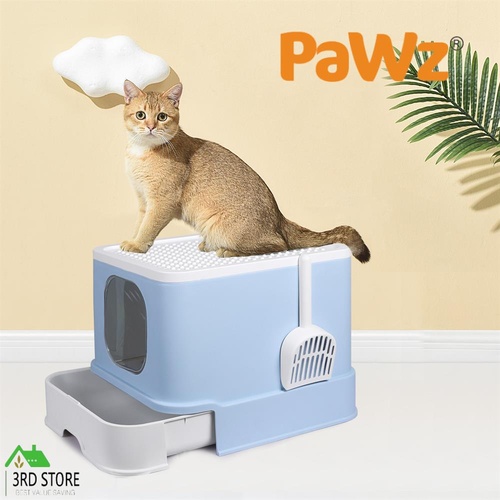 PaWz Cat Litter Box Fully Enclosed Kitty Toilet Trapping Odor Control Basin Blue