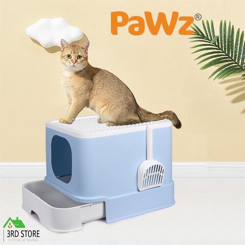 PaWz Cat Litter Box Fully Enclosed Kitty Toilet Trapping Odor Control Basin Blue