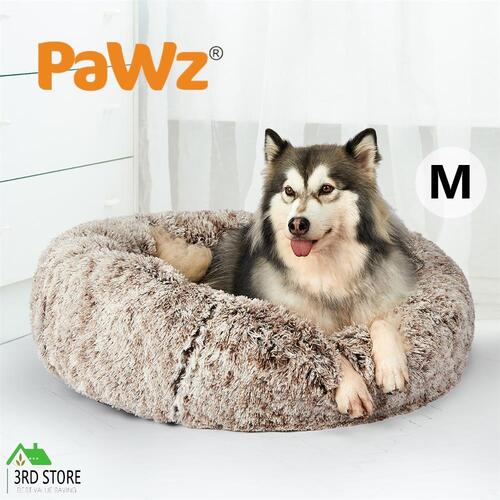 PaWz Pet Bed Cat Dog Donut Nest Calming Mat Soft Plush Kennel Brown Size M