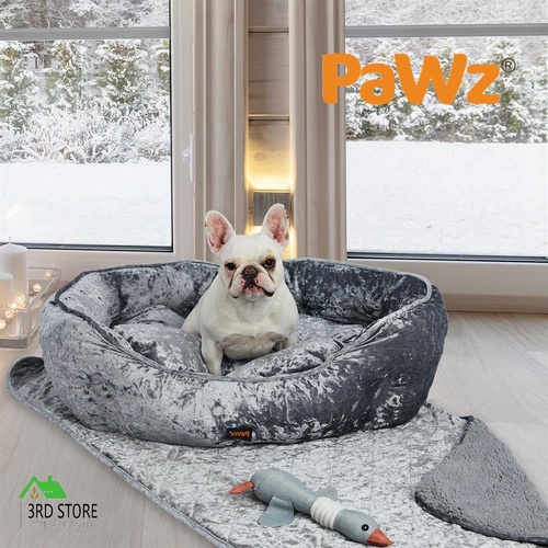 PaWz Pet Bed Set Dog Cat Quilted Blanket Squeaky Toy Calming Warm Soft Nest Grey L