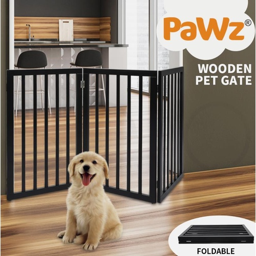 PaWz 3 Panels Wooden Pet Gate Dog Fence Safety Stair Barrier Security Door Black