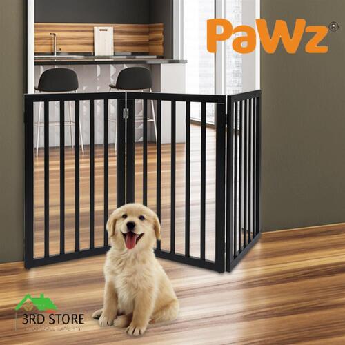 PaWz 3 Panels Wooden Pet Gate Dog Fence Safety Stair Barrier Security Door Black