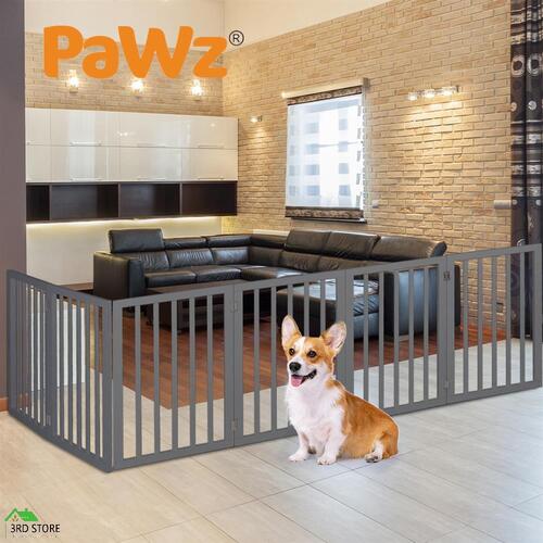 PaWz Wooden Pet Gate Dog Fence Safety Stair Barrier Security Door 6 Panels Grey