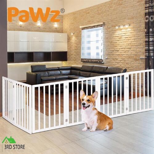 PaWz Wooden Pet Gate Dog Fence Safety Stair Barrier Security Door 6 Panels White