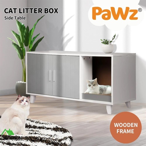PaWz Enclosed Hooded Cat Litter Box Furniture Scratch Board Pet House Table Grey