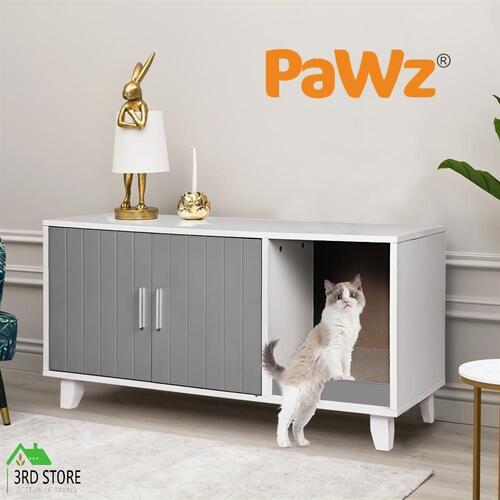 PaWz Enclosed Hooded Cat Litter Box Furniture Scratch Board Pet House Table Grey