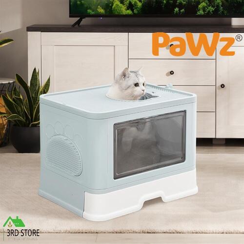 PaWz Foldable Cat Litter Box Tray Enclosed Kitty Toilet Hood Hair Grooming Blue