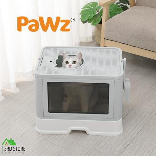 PaWz Foldable Cat Litter Box Tray Enclosed Kitty Toilet Hood Hair Grooming Grey