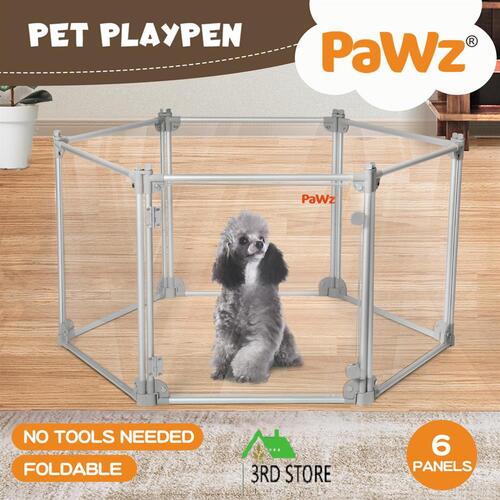 Pawz Pet Playpen Transparent Acrylic Clear Folding Dog Fence Kennel 6 Panel