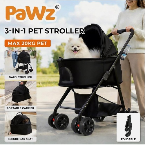 Pawz Pet Stroller 3 in1Dog Cat Pram Carrier Foldable Pushchair Outdoor 4 Wheels