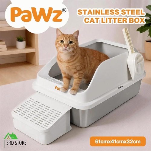 Pawz Stainless Steel Cat Litter Box Big Cats Kitten High Sided Easy Clean White