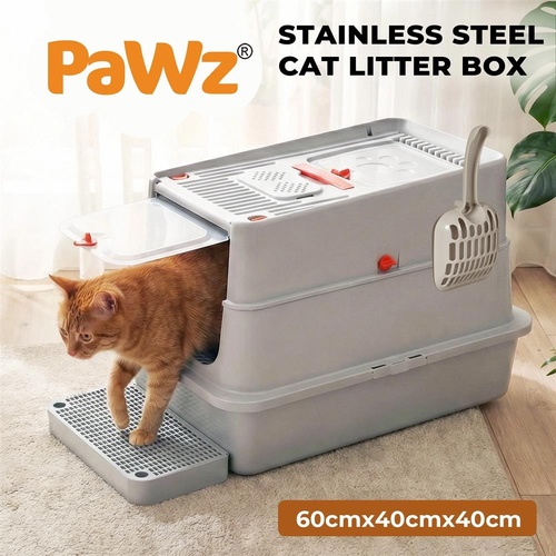 Pawz Stainless Steel Cats Litter Box Hooded High Enclosed Large Kitty Toilet