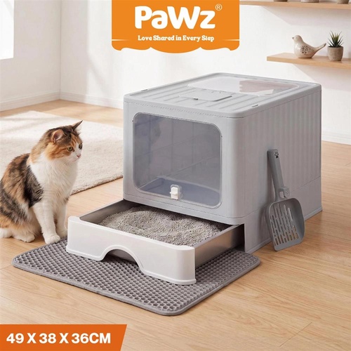 PaWz Cat Litter Box Stainless Steel Enclosed Drawer Odor Control Foldable Grey
