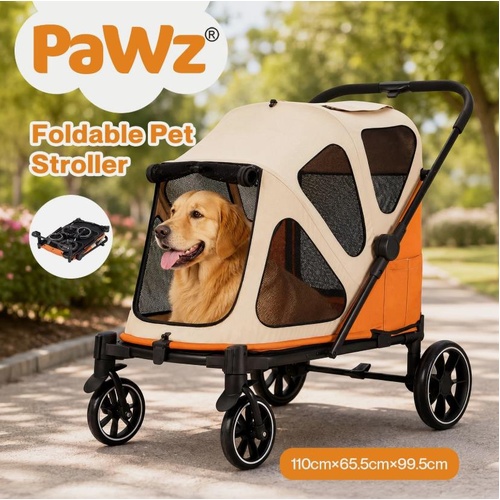 PaWz Dog Stroller Pet Pram Foldable Mesh Ventilated Seat Safety Leash Orange