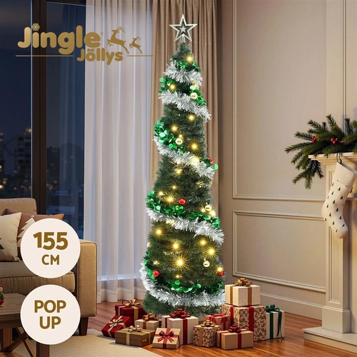 Jingle Jollys Pop Up Christmas Tree Pre Decorated Warm White LED 155cm
