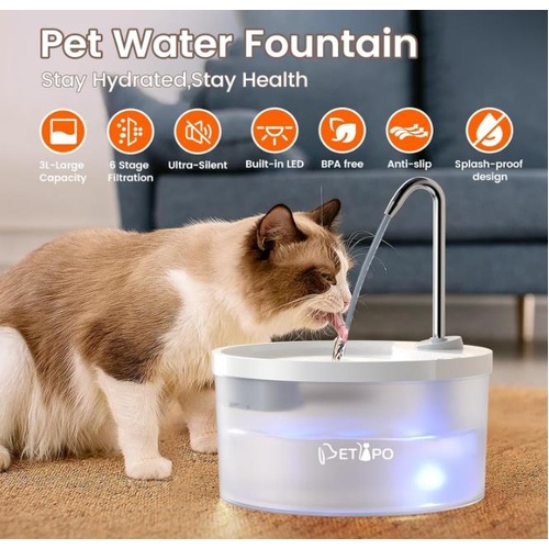 Cat Water Fountain, 3L/100oz Super Silent Pet Fountains for Cats Dogs Indoor