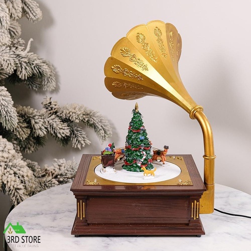 Animated Christmas Village Gramophone Music Box with LED Lights, Rotating Santa'
