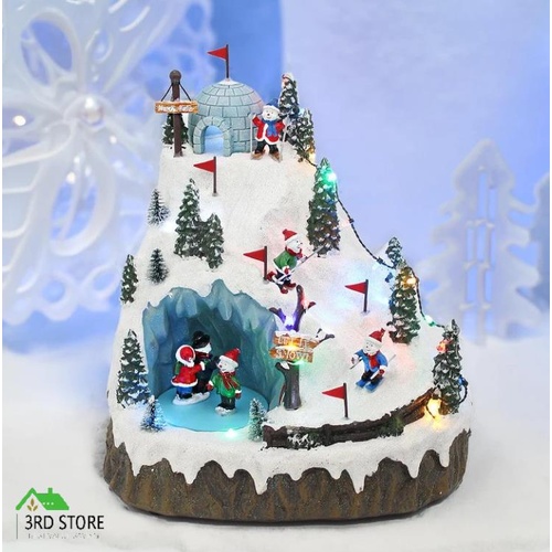 Animated Christmas Village North Pole Skiing Skating Snowman LED Lights Music