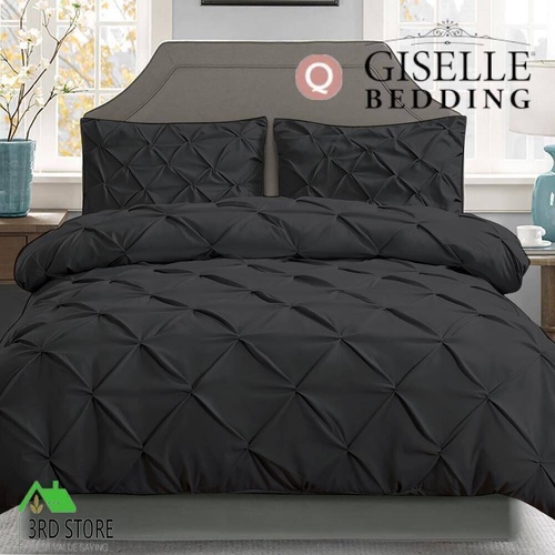 Giselle Cotton Quilt Cover Set Queen Bed Pinch Pleat Diamond Duvet Doona Black
