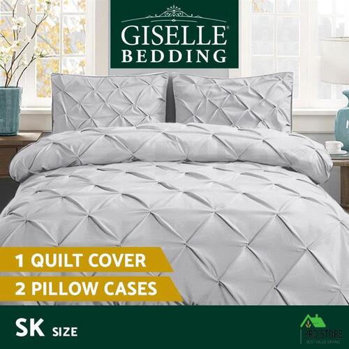 Giselle Bedding Luxury Pinch Pleat Diamond Duvet Quilt Cover Set SK Grey